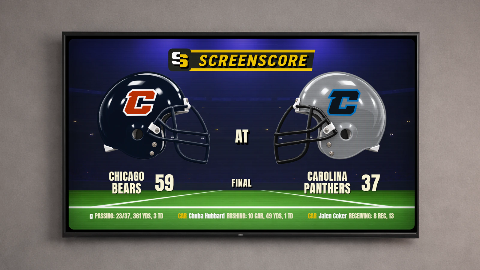 ScreenScore CRT Primetime NFL helmet scoreboard on a wall-mounted TV