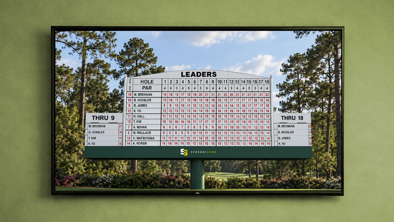 ScreenScore Heritage Golf leaderboard on a wall-mounted TV