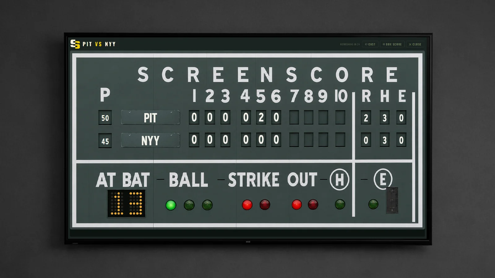 ScreenScore Monster style: a photoreal hand-operated scoreboard showing Pittsburgh at New York Yankees
