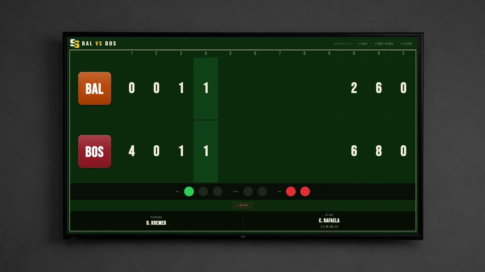 ScreenScore Sleek style showing Baltimore at Boston