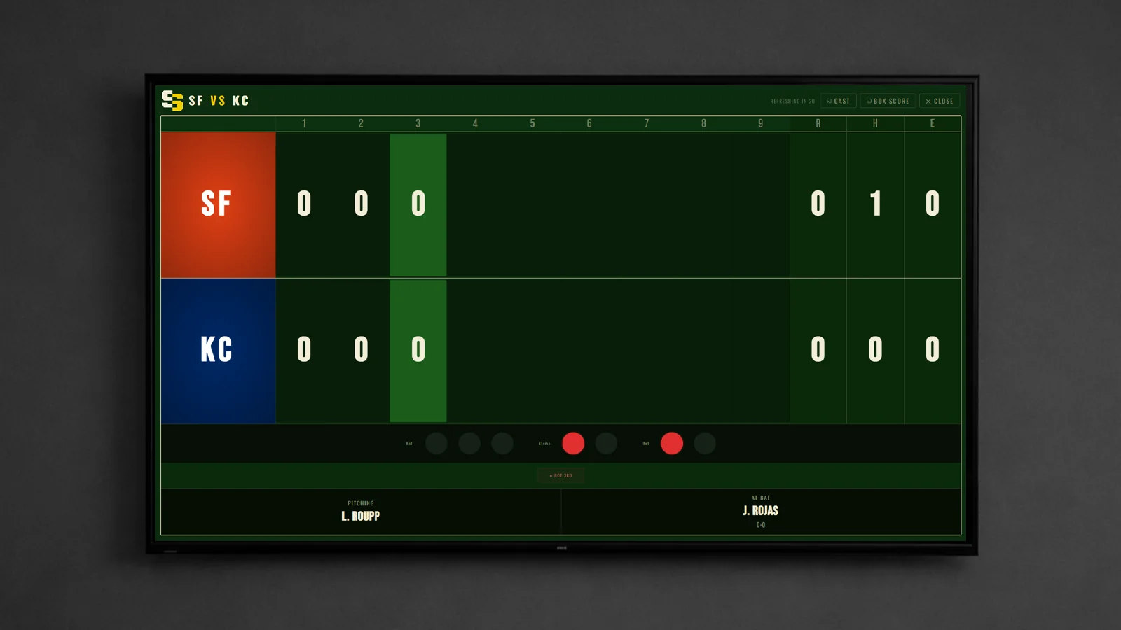 ScreenScore Sleek style with custom color showing San Francisco at Kansas City