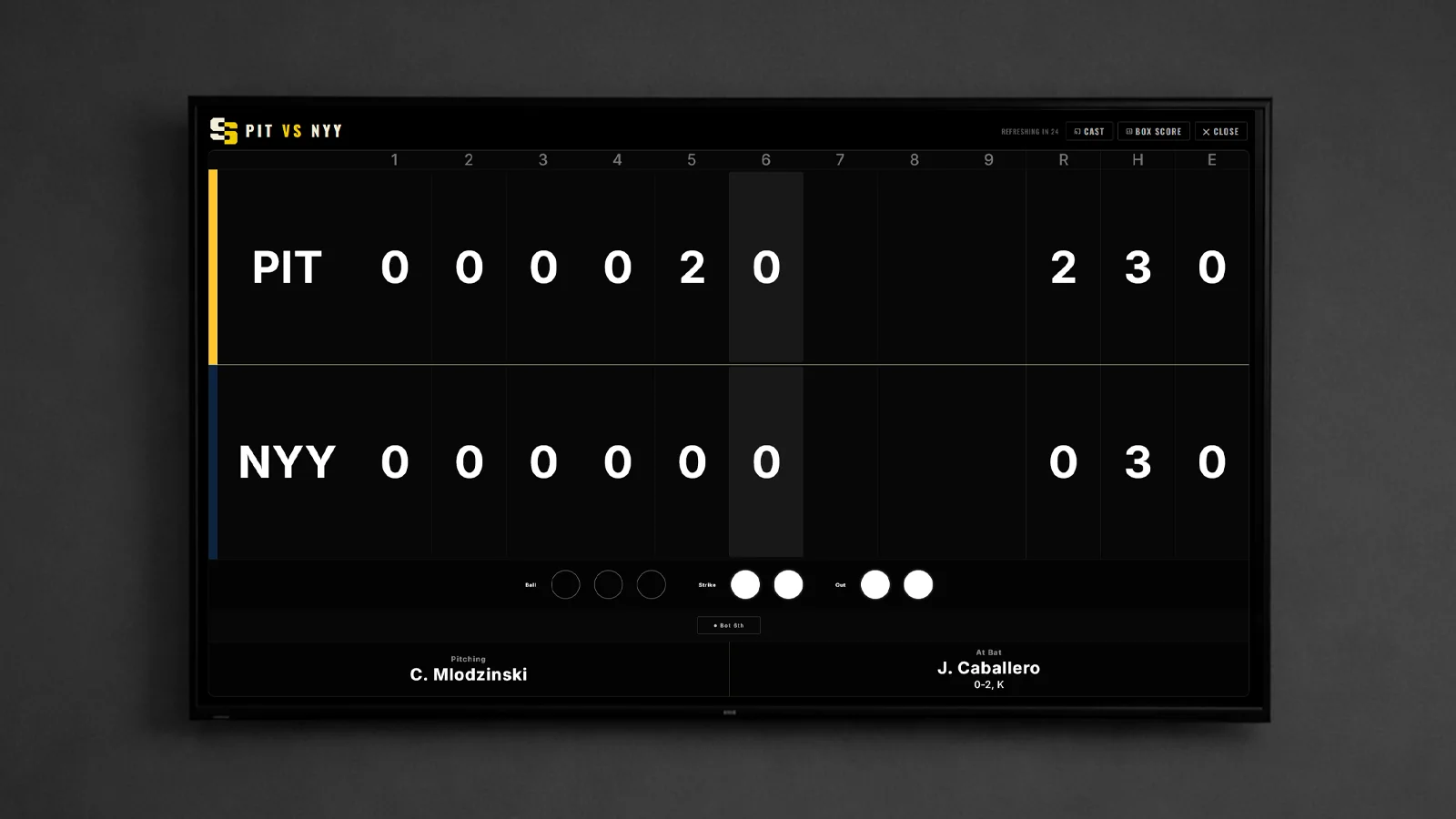 ScreenScore Vintage style showing Pittsburgh at New York Yankees, bottom 6th
