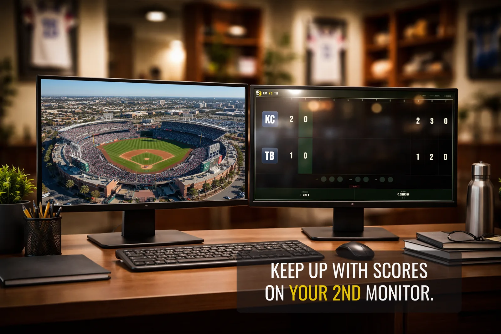 ScreenScore on a second monitor next to a spreadsheet, showing Kansas City at Tampa Bay