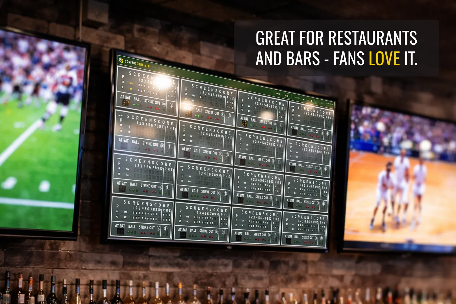 A 4x4 grid of ScreenScore game cards on a TV mounted in a bar, alongside other game broadcasts